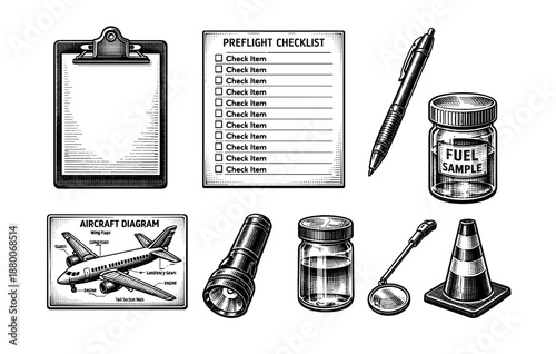 Detailed set of aviation tools and equipment illustration