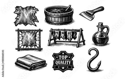 Vintage leather crafting tools and materials illustration with top quality badge