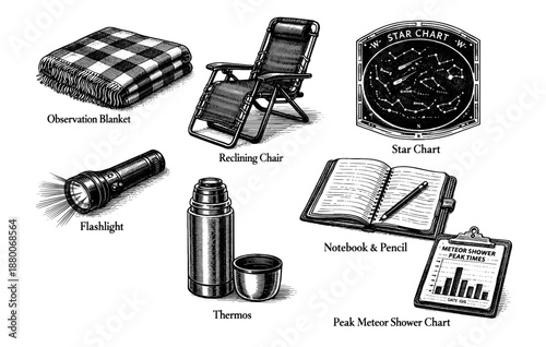 Astronomy essentials: blanket, chair, star chart, flashlight, thermos, notebook, meteor shower chart