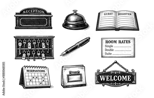 Vintage hotel icons collection featuring bell, guest register, and room rates