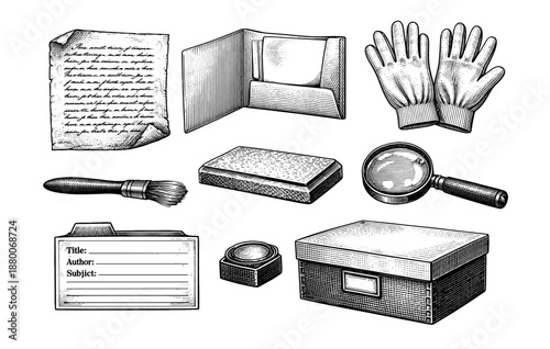 Vintage archival tools collection with documents, gloves, magnifier, brush, envelope, box