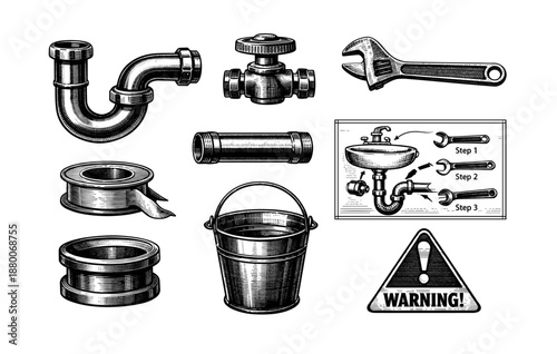 Vintage plumbing tools and instructions illustration with warning sign