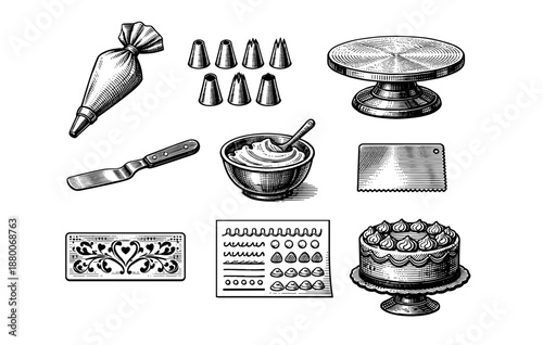 Vintage baking tools and cake decorating essentials illustration