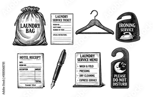 Vintage hotel laundry and room service icons in monochrome style