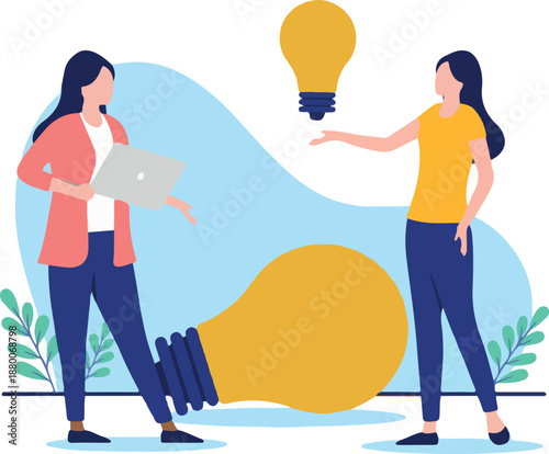 Women idea work - Two businesswoman entrepreneurs working on ideas with light bulbs. Flat design vector illustration with white background.