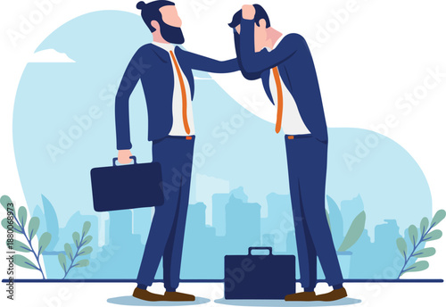 Supporting a Friend or Co-Worker Suffering From Stress - Businessman comforting sad colleague with problems. Friendship and sympathy at work concept.