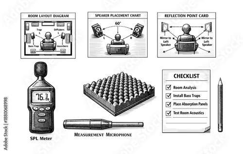 Acoustic room design tools and diagram including sound meter and reflection chart