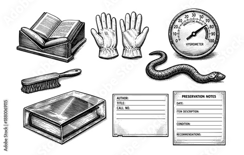 Vintage museum preservation tools and artifacts with hygrometer and preservation notes