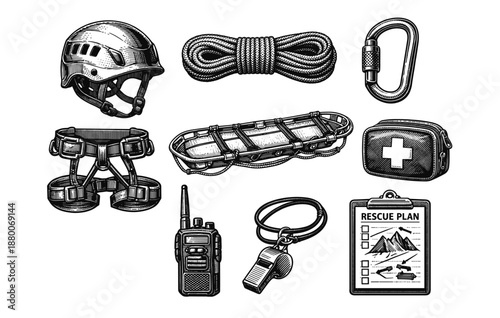 Mountain rescue equipment collection with helmet rope carabiner and first aid kit