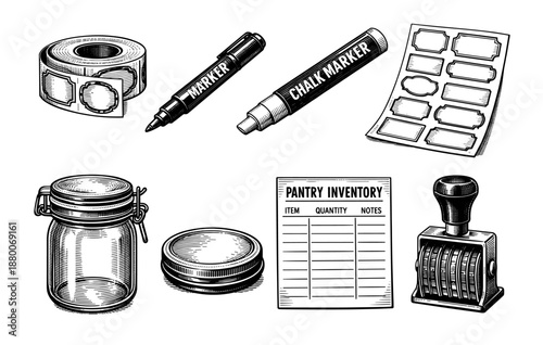 Vintage-inspired pantry organization tools including labels, jars, and markers