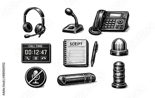 Vintage communication devices and tools collection in black and white
