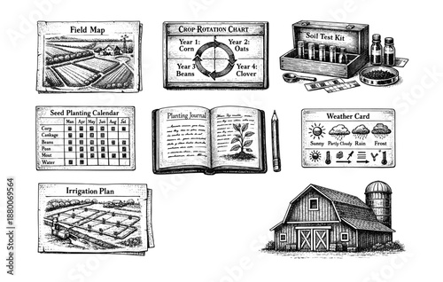 Vintage farm planning tools with seed charts and barn illustration