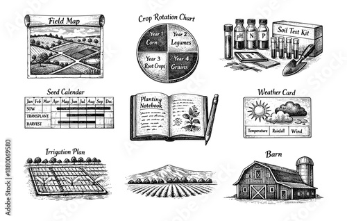 Vintage agricultural tools and charts including crop rotation, seed calendar, and farm map