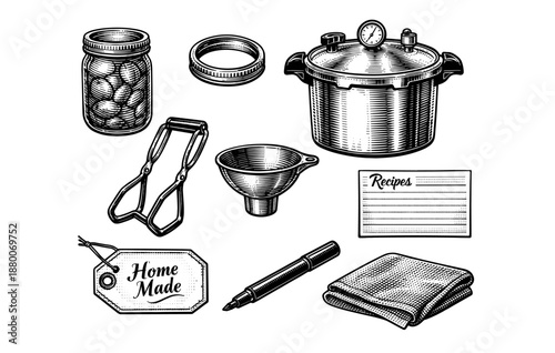 Vintage canning set with pressure cooker, jar, and kitchen tools
