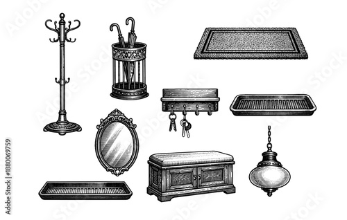 Vintage entryway furniture and décor: coat rack, umbrella stand, mirror, bench, lighting