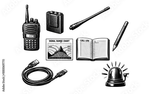 Vintage communication and technology equipment illustration with radio and call log