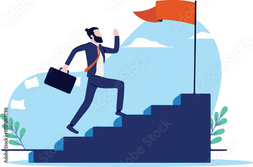 Stairway to success - Businessman running up stairs toward business and career goal with flag on top. Flat design vector illustration with white background.