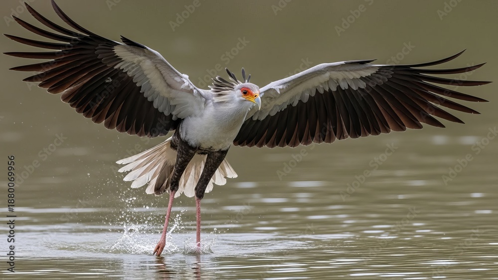 Fototapeta premium Majestic secretarybird takes flight from shallow water, wings spread wide in a powerful display.
