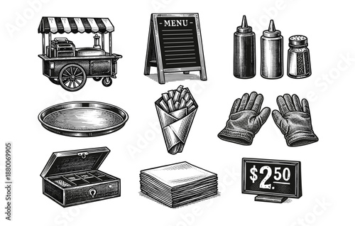 Vintage food cart and accessories with menu, condiments, and price display