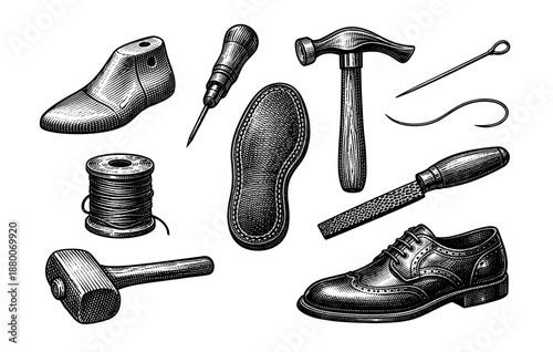 Vintage cobbler tools and accessories for shoe crafting and repair