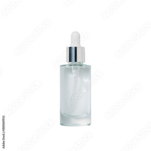 Clear Glass Bottle Holds a Liquid With Dropper on a White Background for Skin...