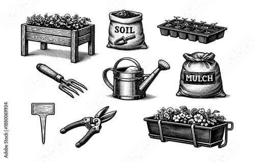 Vintage gardening tools and supplies illustration with planters and soil