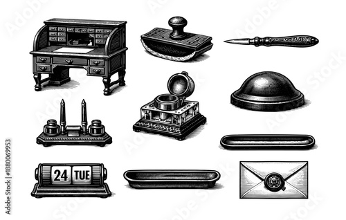 Vintage office supplies: desk, stamps, inkwells, calendar, envelope