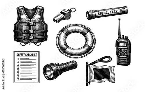 Vintage maritime safety gear: life vest, signal flare, lifebuoy, radio, whistle, checklist, flag, flashlight