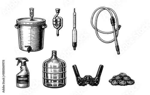 Home brewing equipment: airlock, fermenter, siphon, sanitizer, bottle caps, and carboy