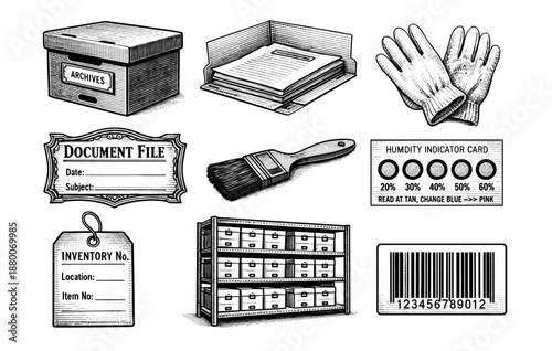 Vintage office supplies collection: file box, brush, gloves, document label, shelving, barcode
