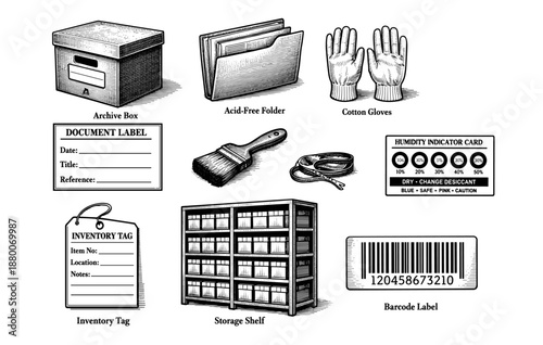 Vintage archival storage items and preservation tools with labels and barcode