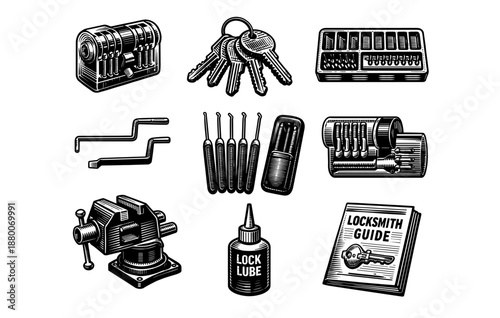 Collection of locksmith tools and equipment in vintage style artwork