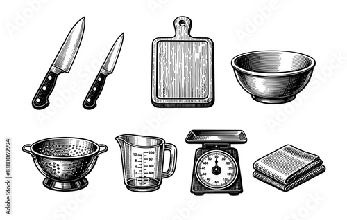 Vintage kitchen utensils collection: knives, cutting board, bowl, colander, measuring jug, scale, towel