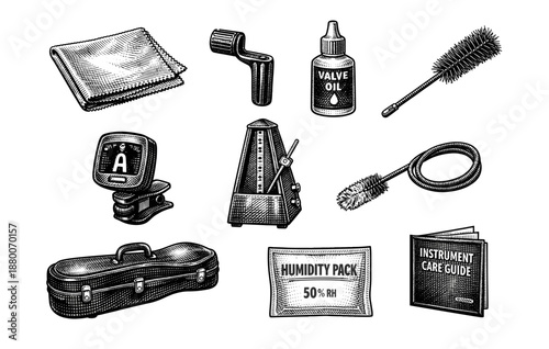 Musical instrument care tools set including metronome valve oil brush cloth case