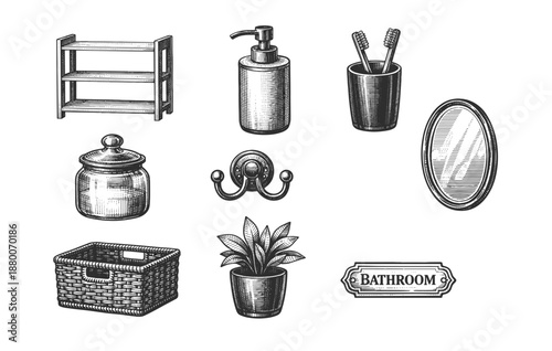 Vintage bathroom set with shelf, soap dispenser, toothbrush holder, mirror, and accessories