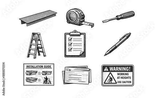 Tools and safety icons: ladder, tape measure, screwdriver, clipboard, warning signs