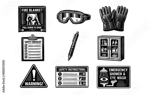 Safety equipment icons: fire blanket, goggles, gloves, checklist, pen, medicine cabinet, warning signs