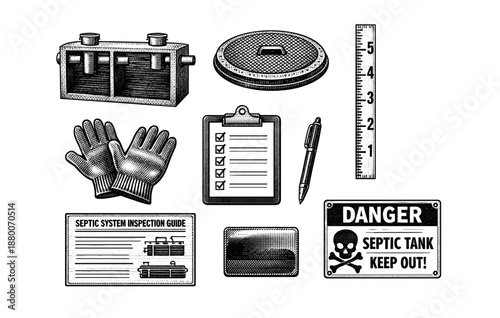 Septic system inspection tools and safety guide with equipment icons