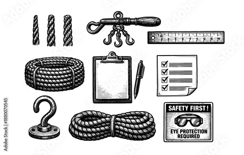 Vintage maritime tools and safety equipment collection illustrated