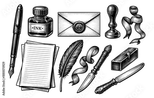Vintage writing tools and accessories illustration in black and white