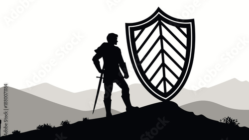 Brave warrior standing strong with shield on mountain peak