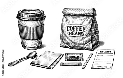 Vintage coffee set with cup, coffee beans, and accessories