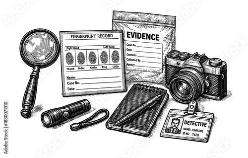 Detective tools illustration with camera, magnifying glass, and evidence kit