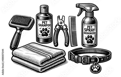 Pet grooming essentials: brush, shampoo, clippers, spray, comb, towels, collar