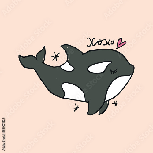 Cute killer whale isolated on background for kids content. Hand drawn silhouette orcinus orca jumping logo print. Flat cartoon underwater character marine animal. Inhabitant of the ocean whimsical