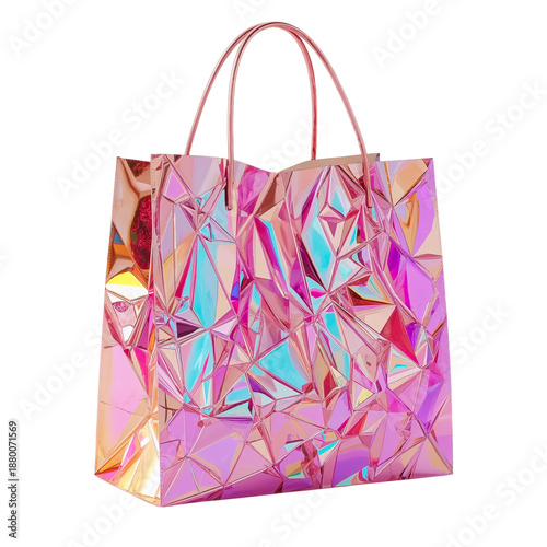 Colorful Bag Sits on a Plain Surface With Shiny Texture and Handles and Brigh...