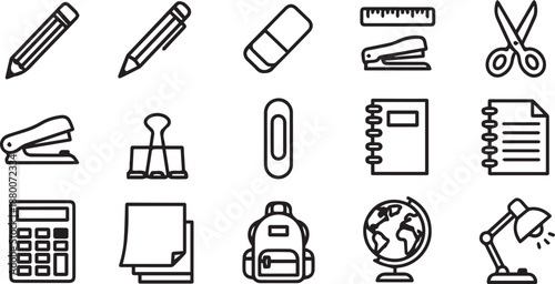 School and Office Stationery Icon Set Education and Business Supplies Vector Illustrations in Line Art Style