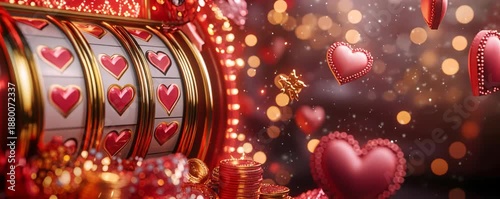 Slot machine reels spinning, showing heart symbols, surrounded by falling hearts and sparkling golden bokeh for love and luck