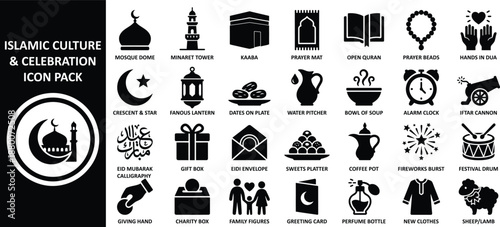 Islamic cultural celebration icon set featuring various symbols