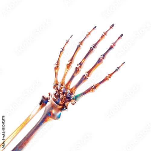 Skeleton Hand Model Held Against White Background Showcasing Intricate Bone S...